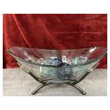 Oblong Glass  Bowl in Iron Cradle with glass balls
