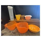 4 orange plastic mixing bowls, and more