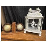 Wood globe bookends and Metal Lantern.