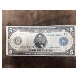 Series 1914 $5 Federal Reserve Note,  features a