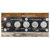 U.S. nickel designs from various eras. The set