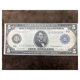 Series 1914 $5 Federal Reserve Note featuring a