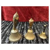 3 pc. Antique brass school bells with wooden
