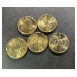 5 United States Sacagawea one-dollar coins.