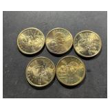 FIVE 2000-P United States Sacagawea coins.