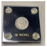 US 3-cent nickel, from 1865 in holder.