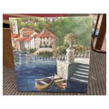 Mediterranean lakeside village painting.