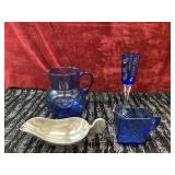 3 Cobalt  blue items and Aluminum dish