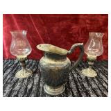 Vintage silver plated pitcher and 2 hurricane lamp