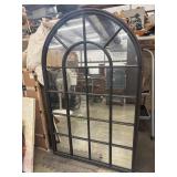 Black metal Arched windowpane mirror.