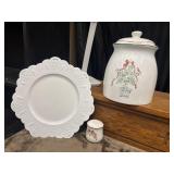 4 White Scalloped Charger Plates and cookie jar
