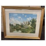 "Lake House with Cherry Blossoms" framed art.