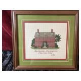 Framed cross-stitch of Berkeley Plantation