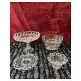 4. vintage Glass ware. Plate, bowls and cake stand