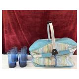 Insulated picnic basket, and Cobalt blue glasses.
