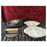 Skillets, grill burger press and oval milk glass