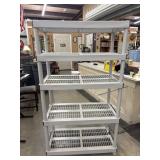 Grey plastic 4-tier storage shelving unit is from