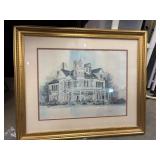 Framed Victorian home watercolor painting.