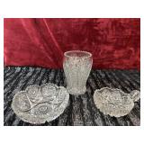3 pc. Vintage pressed scalloped edged glass vase,