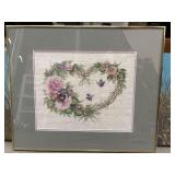 Framed cross stitch "Grapevine Wreath With Floral"