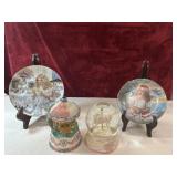 Victorian collectible plates, and snow globes.