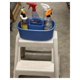 Step Stool and Caddy with Car Cleaning Supplies.