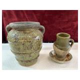 2 Jug Pottery vases with small pottery bowl