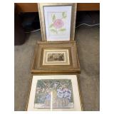 3 Framed Prints, Floral, Gold Frames