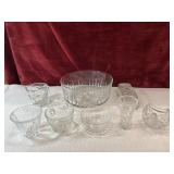 Clear glass serving bowl. butter dish, tumblers