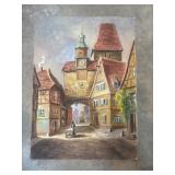 Oil painting on board depicting a street scene in