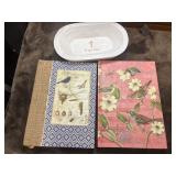 2 decorative notebooks, white wood prayer bowl.