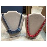 Chunky blue wooden disc necklace, vibrant red