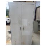 Light gray steel storage cabinet features a