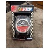 MZB NASCAR wristwatch features a red dial and a