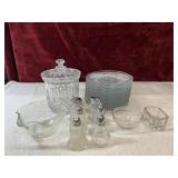 Glass saucers, biscuit jar, shakers, and more.