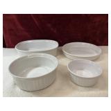 Corning Ware French White stoneware baking dishes.