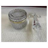 Glass trinket box, and 24% lead crystal cross.