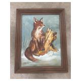 Framed painting of a Red Fox Sitting by stump.