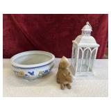 Ceramic planter, white metal lantern and squirrel