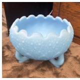 Vintage Fenton blue satin glass three-footed bowl
