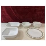 Corning Ware baking dishes, bowls, and plate.