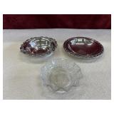 Silver plated serving dishes. and cut glass dish.