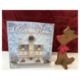 Musical village house and handmade wooden reindeer