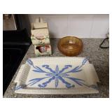 Vintage Ceramic Blue/White Platter, Orange Luster