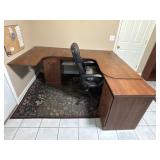 large, vintage wooden L-shaped office desk