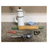 White Enamel Tea Kettle, Rolling Pin, Small Cast