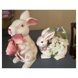 2 Porcelain Bunny decorations. One is a planter.