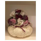 Ivory lace-covered decorative pillow basket is