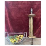 Chrome  wire bowl,  and wall-mounted wooden paper