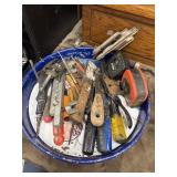Bundle of mixed tools. Tape measures, screw
